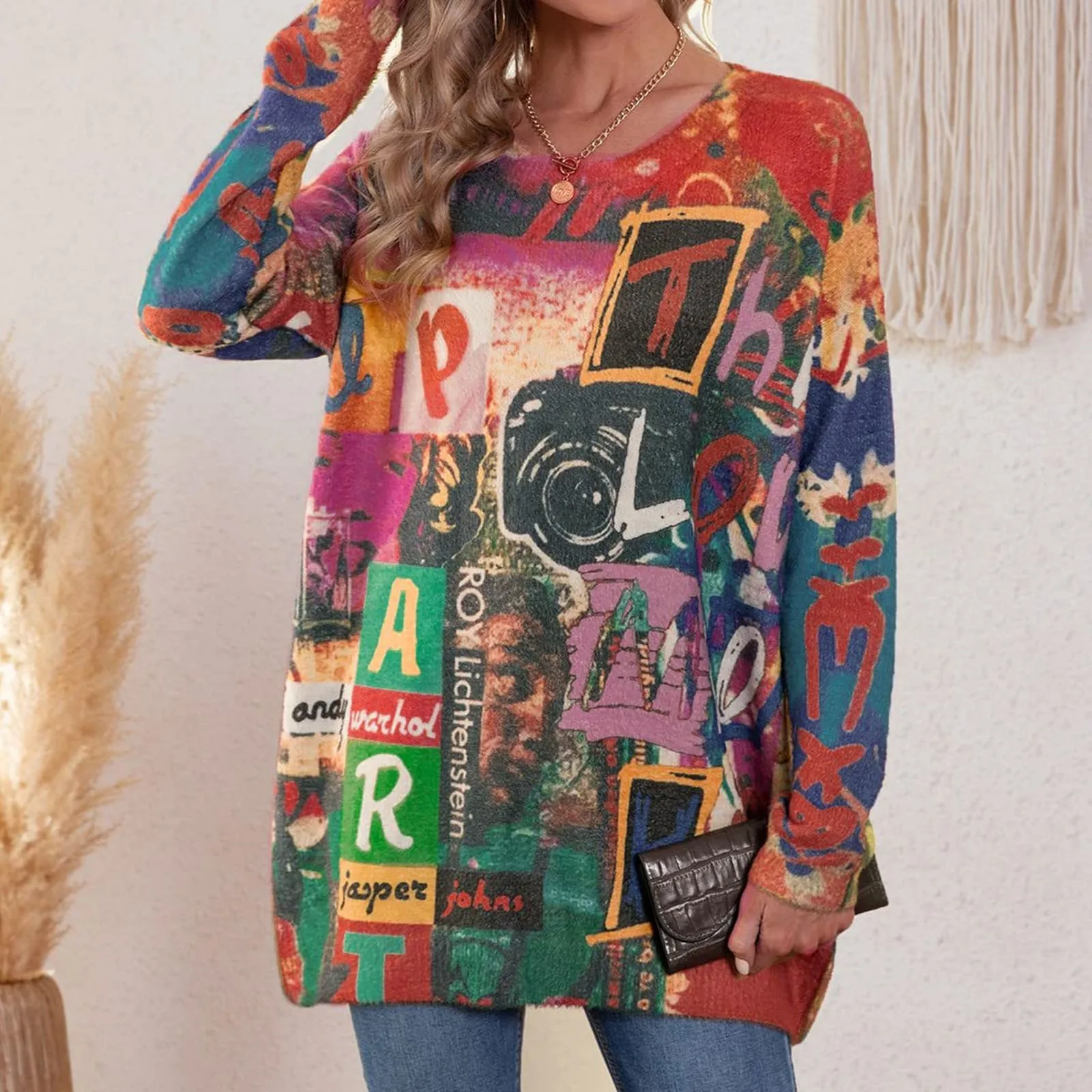 Jersey de manga larga para mujer, suéter de punto con estampado de gran tamaño, cuello redondo, holgado, Vintage, otoño e invierno, 2024