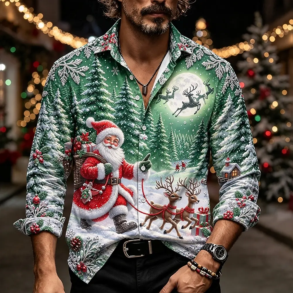 Embossed Style Santa Sleigh Print Shirt Christmas Holiday 3D All Over Print Men Long Sleeve Button Casual Shirt