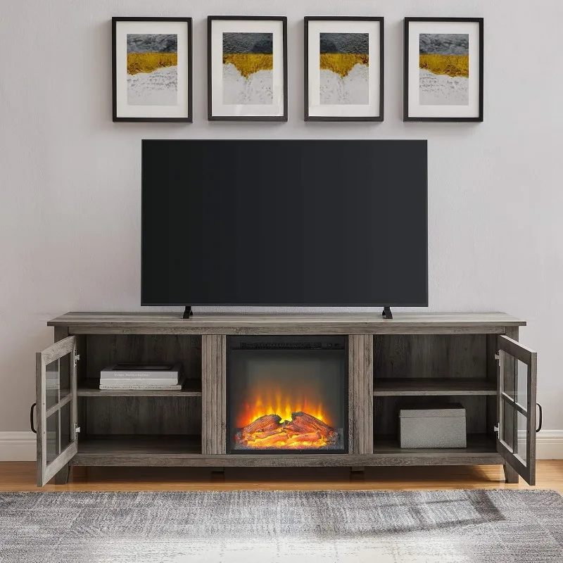 Bern Classic 2 Glass Door Fireplace TV Stand for TVs up to 80 Inches, 70 Inch, Grey Wash