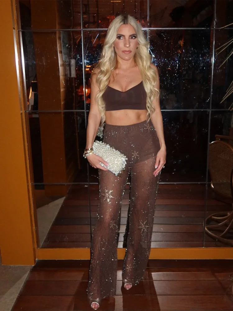 HH Women Fashion Translucent Tulle Beaded Decoration Mid-Waist Trousers Female Chic Elastic Waist Loose Slim Wide Leg Pants