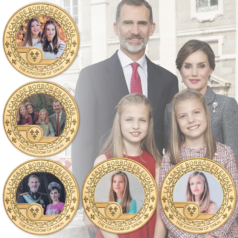 The Kingdom of Spain Gold Plated Commemorative Coin Imperial Family Royal Challenge Coin Keychain Souvenir Gift for Collection