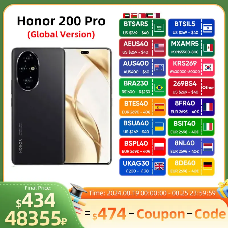 

2024 Global Version HONOR 200 Pro Snapdragon 8s Gen 3 5G Smartphone 6.78'' 120Hz AMOLED Display Support HONOR 100W SuperCharge