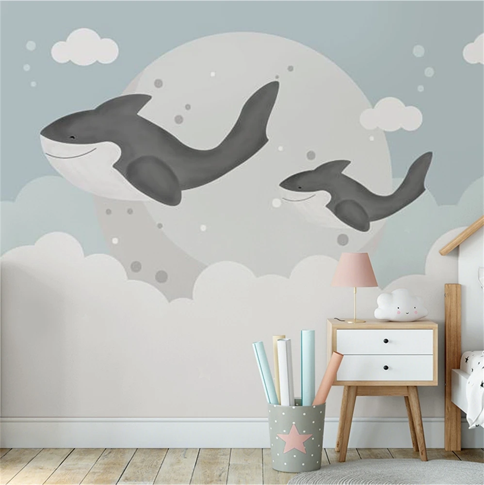 

Custom Cartoon Whale Cloud Wallpaper for Girls' Bedroom Children's Room Mural Kindergarten 3D house decoration interior stickers