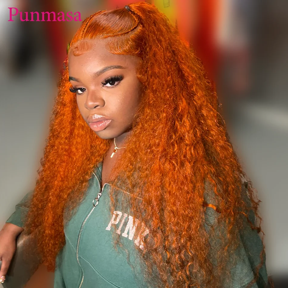 Punmasa Ginger Orange Colored Curly Wave Peruvian Remy 200% 13x4 Transparent Lace Frontal Wig 13x6 Lace Front Wig Wear To Go