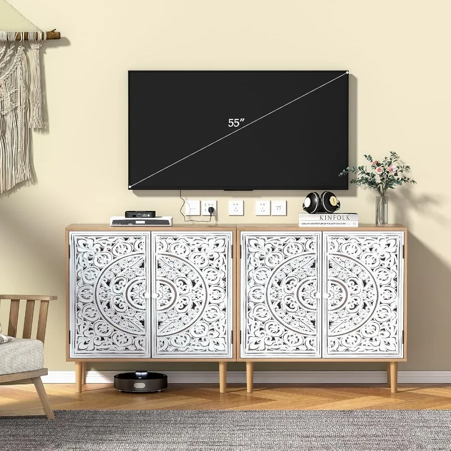 ตู้เก็บของแบบมีลิ้นชัก 2 บาน ตกแต่งลายแกะสลัก พร้อมชั้นวางปรับระดับได้ ตู้ไม้แบบตั้งพื้นสำหรับห้องครัวหรือห้องรับประทานอาหาร