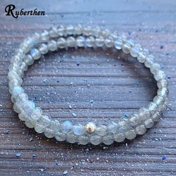 Ruberthen Double Wrap Blue Flash Labradorite Bracelet Mini Mala Gemstone Bracelet 4 MM Crystals Heart Chakra Balance Bracelet