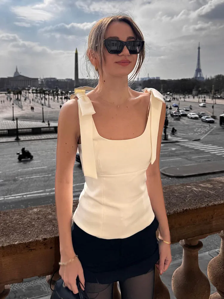 

TRAFZA Women's Summer Sexy Sleeveless Bow Square Collar Sling Top Woman New Fashion High Street Solid Chic Side Zipper Slim Tops
