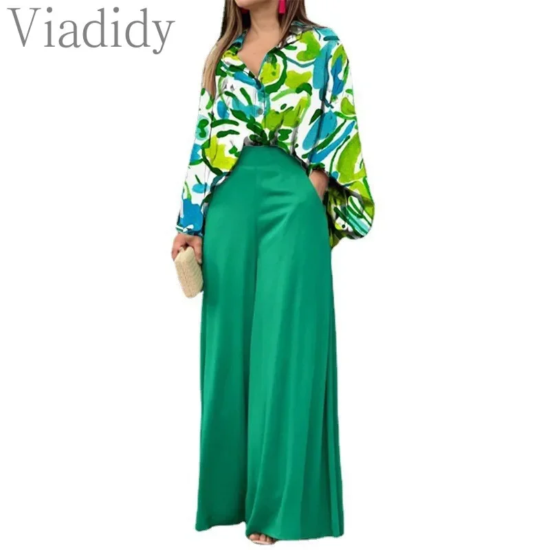 Damska elegancka bluzka z nadrukiem w kształcie skrzydła nietoperza i spodnie z szerokimi nogawkami z wysokim stanem, 2 szt. Zestaw