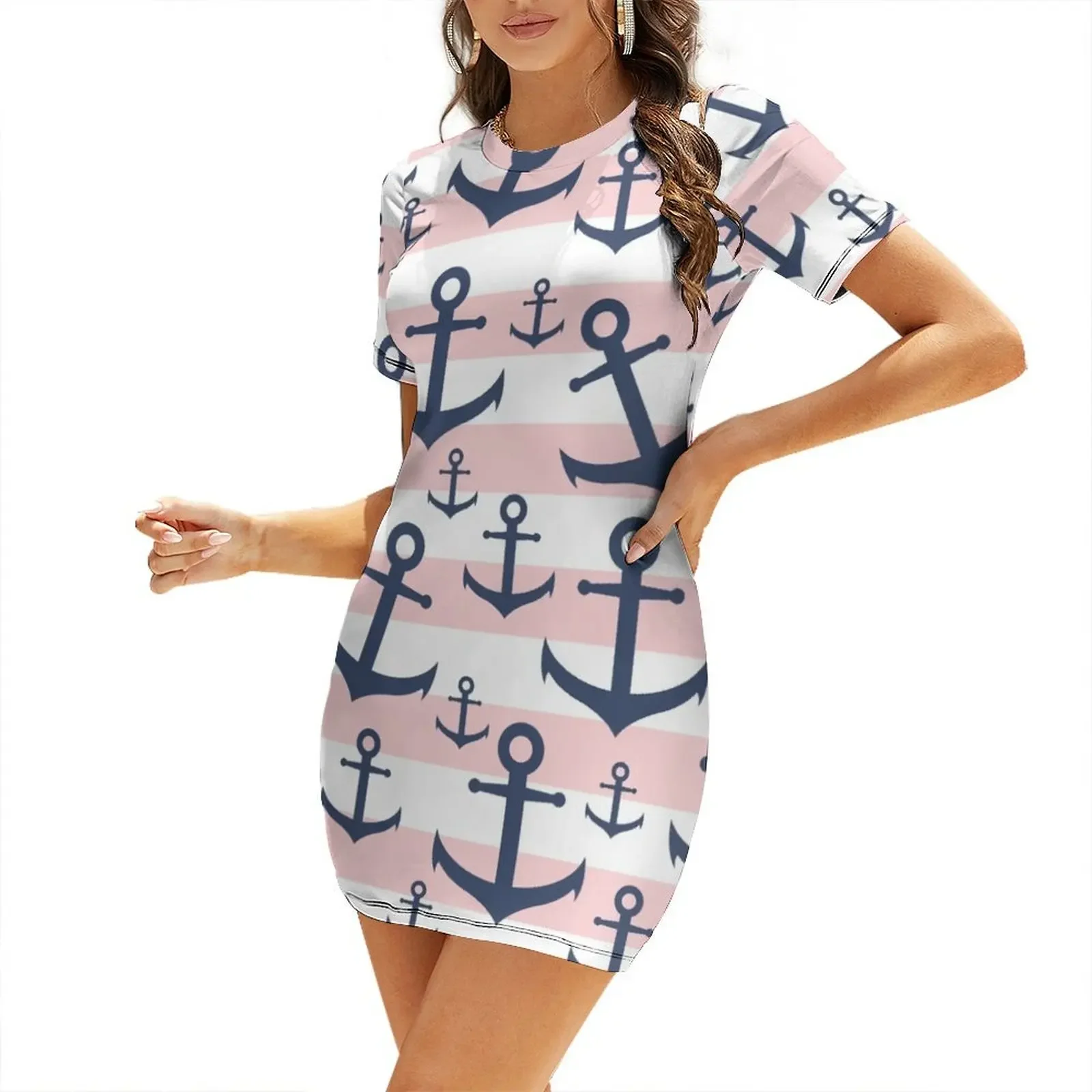 

Nautical pink stripe navy blue anchor pattern Short-Sleeved Dress Women's clothing beach dress Dress