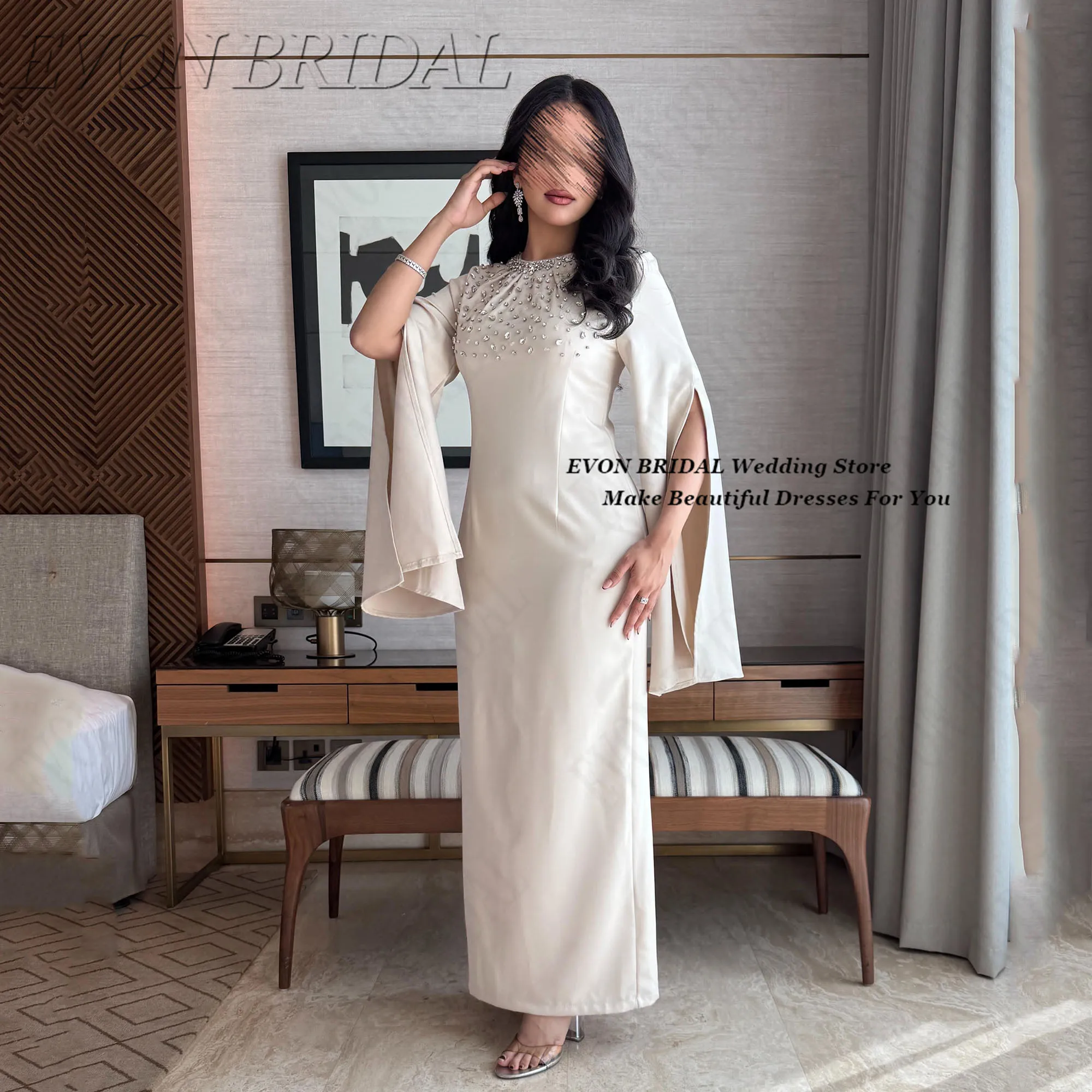 

Crystal Soft Satin Evening Dress Customized O-Neck Long Mermaid Party Prom Dress فستان سهرة نسائي EVON BRIDAL