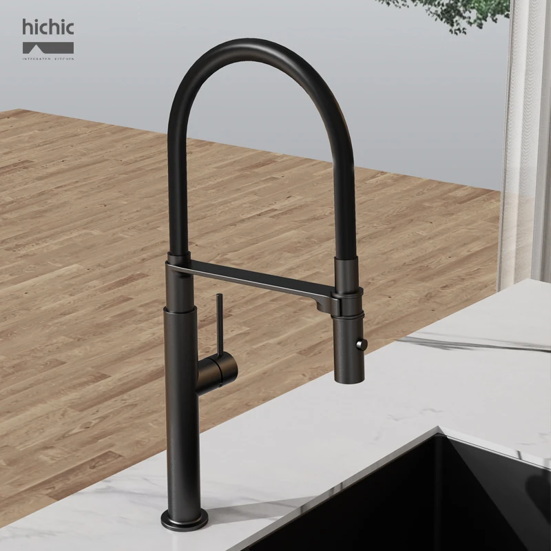 

Minimalist kitchen faucet with silicone hose that can be stretched and rotated for hot and cold water, matte black color