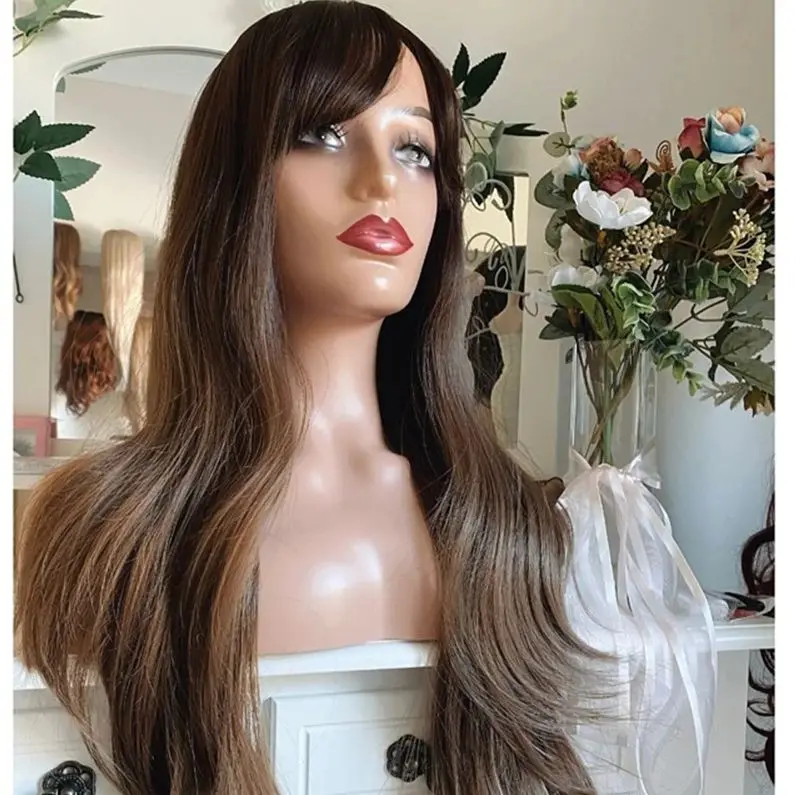 Wig Cosplay renda depan rambut palsu gelombang longgar coklat Ombre dengan Wig depan renda poni untuk wanita Wig depan renda sintetis