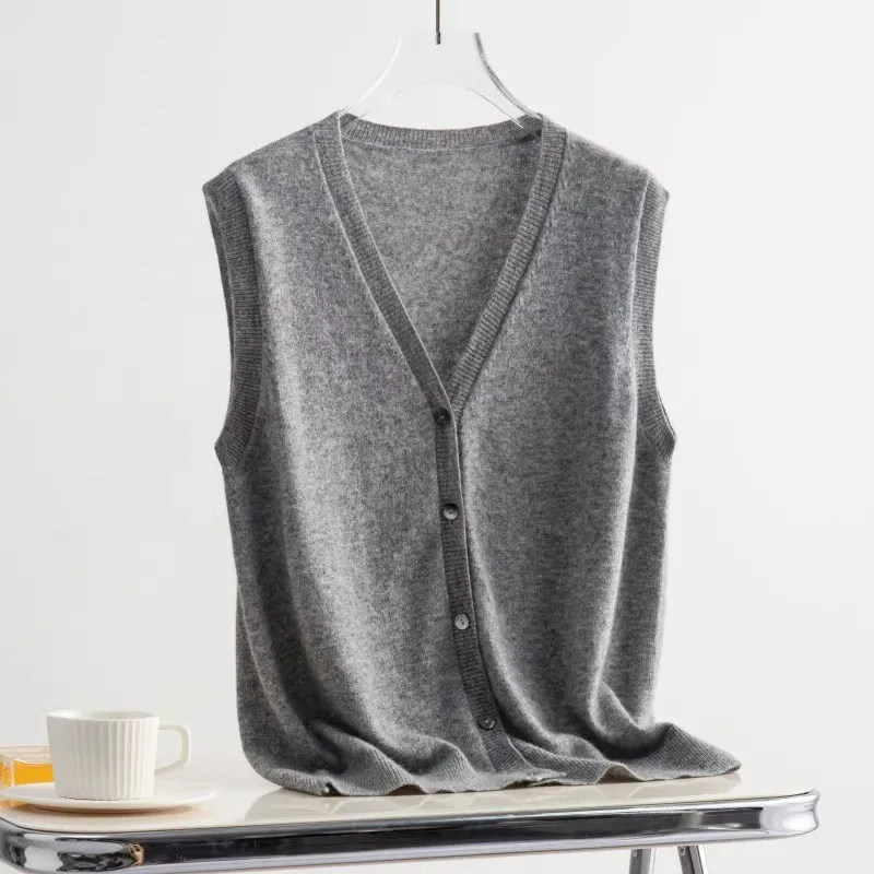 Spring and Autumn New 100% Pure Wool V-Neck Knitted Vest Cardigan Women's Loose Casual Korean Style Sleeveless Thin Sweater Coat