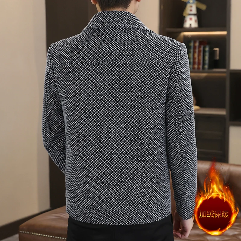 Korean Winter Woolen Jacket Men Plush and Warm Short Trench Coat Plaid Casual Business Streetwear Overcoat Social Men Clothing
