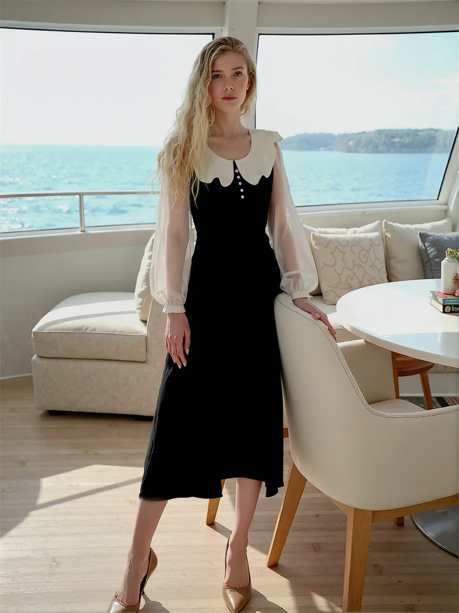 Women'S Dress Autumn Woman Long Sleeve Black White Patchwork Tied Tie-Dye Tie-Up Tight-Fitting Tossy Townlike Tropical Tummy