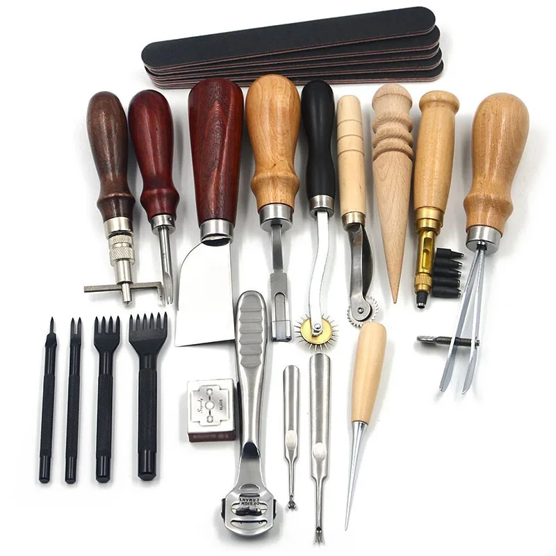 Set di attrezzi in pelle Fai da te Articoli in pelle fatti a mano Set da cucito a mano Set di strumenti artigianali in pelle fatto a mano 18 pezzi
