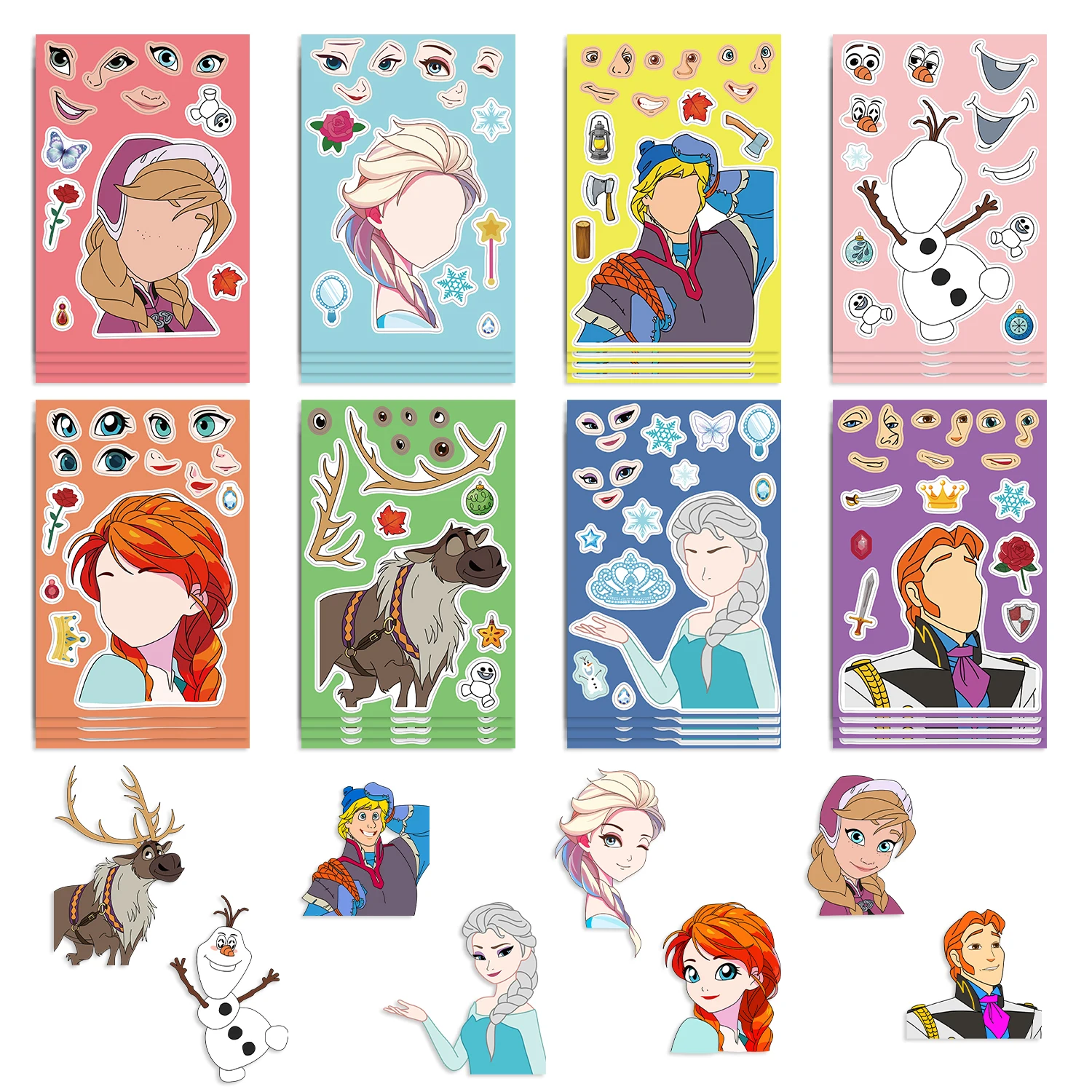 8Pcs Disney Movie Frozen Make a Face Stickers Cartoon Decal Skateboard Laptop Motorcycle Kawaii Cartoon Sticker Pack Kids Toy