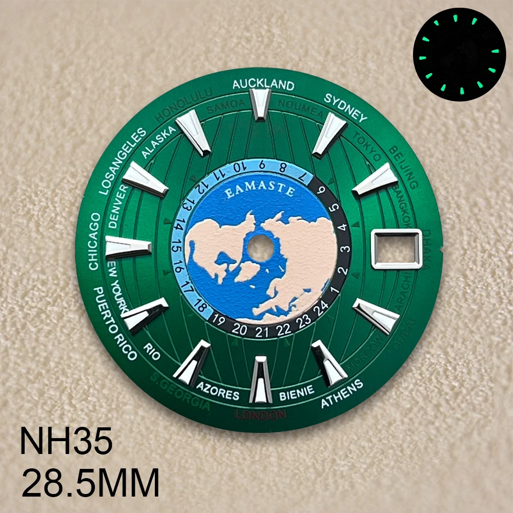 28.5mm s logotipo dial caber nh35/nh36/4r/7s movimento verde luminoso novo mapa do mundo de alta qualidade dial relógio modificação acessórios