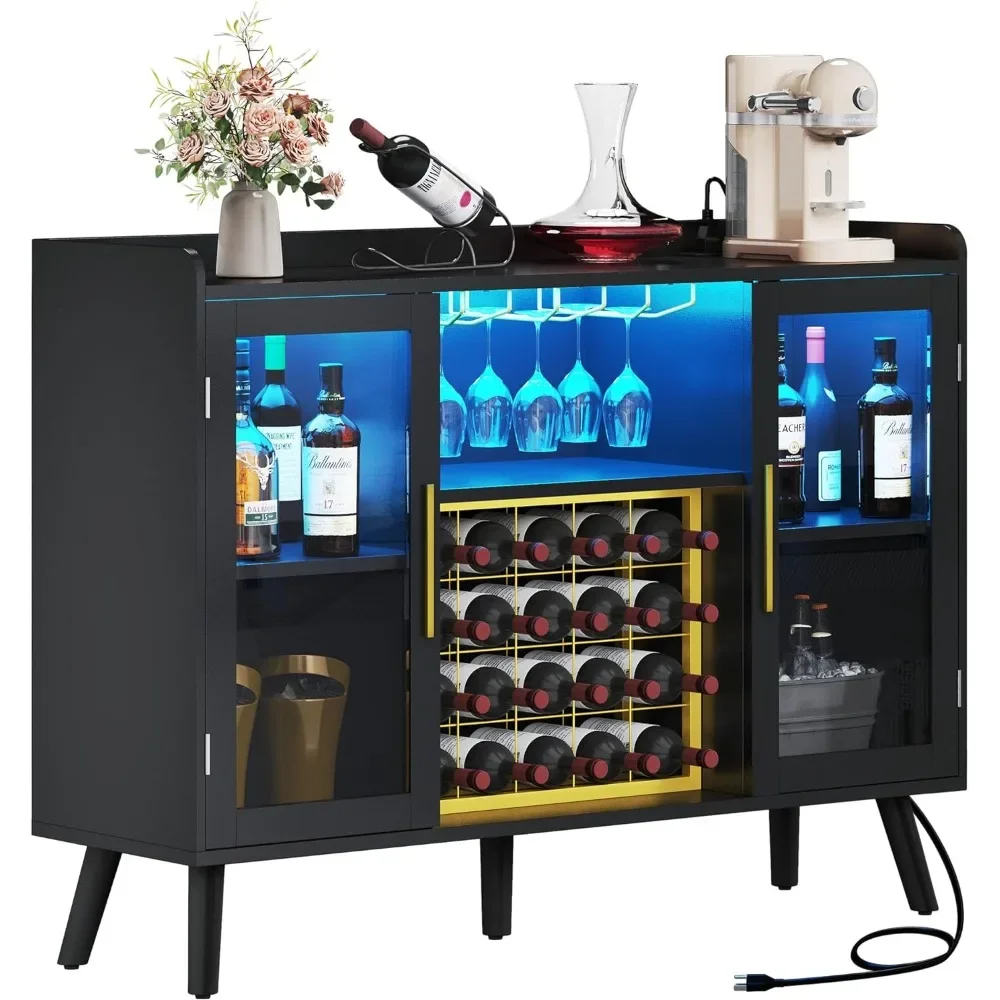 Wine Bar Cabinet com luzes LED e Tomadas de Energia, Coffee Storage Cabinet para Licor e Copos, 53"