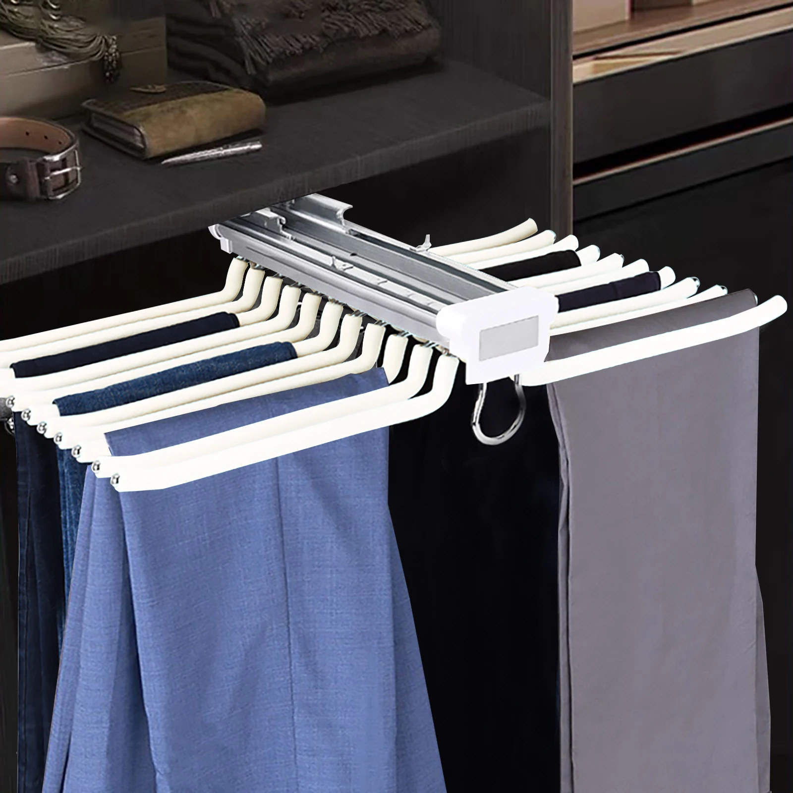 

22 Arms Beige Luxury Double Row Pants Rack Space Saving Pull Out Trousers Rack Steel Clothes Pants Hanger for Closet