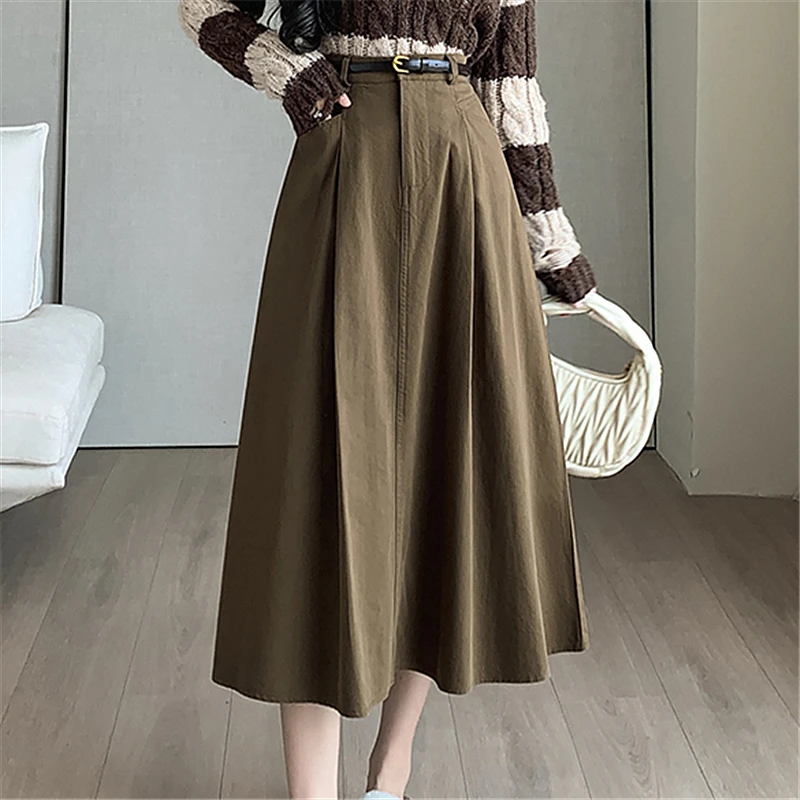 

Seoulish Solid Color Women's A-line Skirts 2024 New Autumn Elastic High Waist Casual Mid Length Workwear Lady Skirts Female