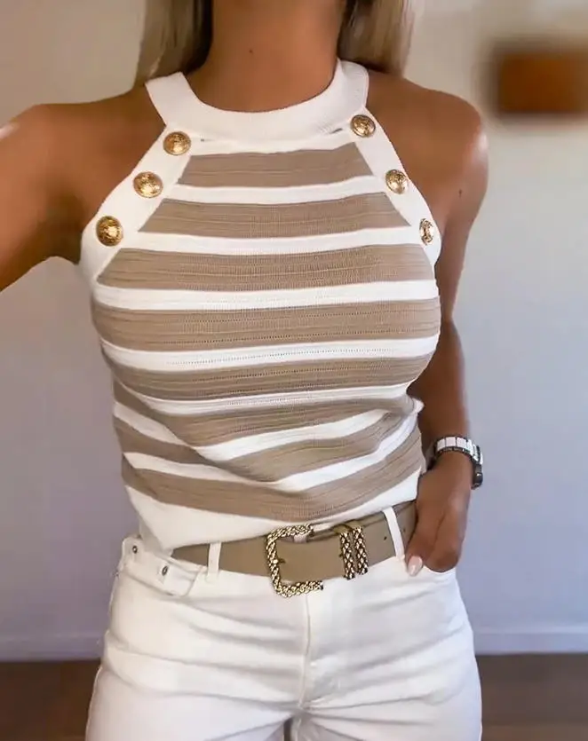 

Top Women 2026 Spring Summer New Fashion Striped Halter Sleeveless Tank Causal Golden Button Decor Breathable Knit Top