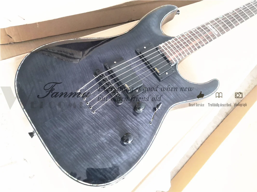 6 String Electric Guitar, 351 Clear Black Guitar, Tiger Veneer, Maple Wood Set In Basswood Body, Colored Shell Binding