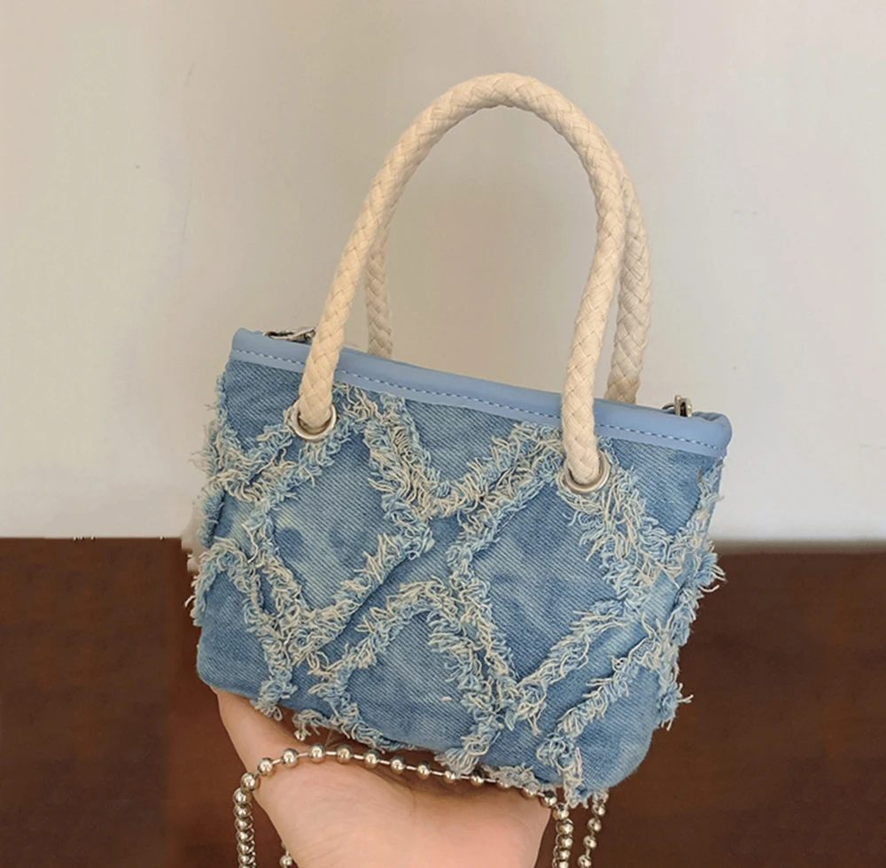 Women's Summer Commute Mini Bag Trendy Chain Crossbody Bag Solid Color High-Quality Frayed Check Pattern Small Square HandBags