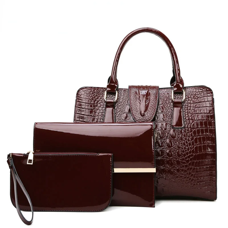 

3 Sets Fashion Patent Leather Women Tote Bag Luxury Handbags Crocodile Pattern Women Bags Designer Brand Shoulder Messenger Bag