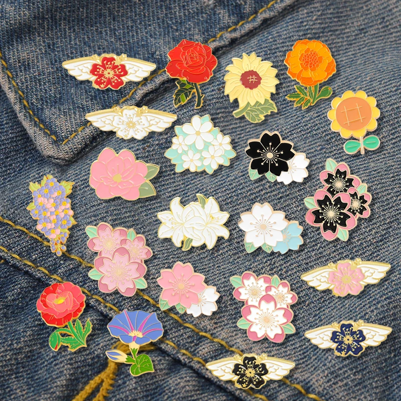 Flowers Enamel Pins Series Sunflower Colorful Rose Plant Brooch Sakura Wing Blossom Badges Lapel Bag Jewelry Gift Accessories