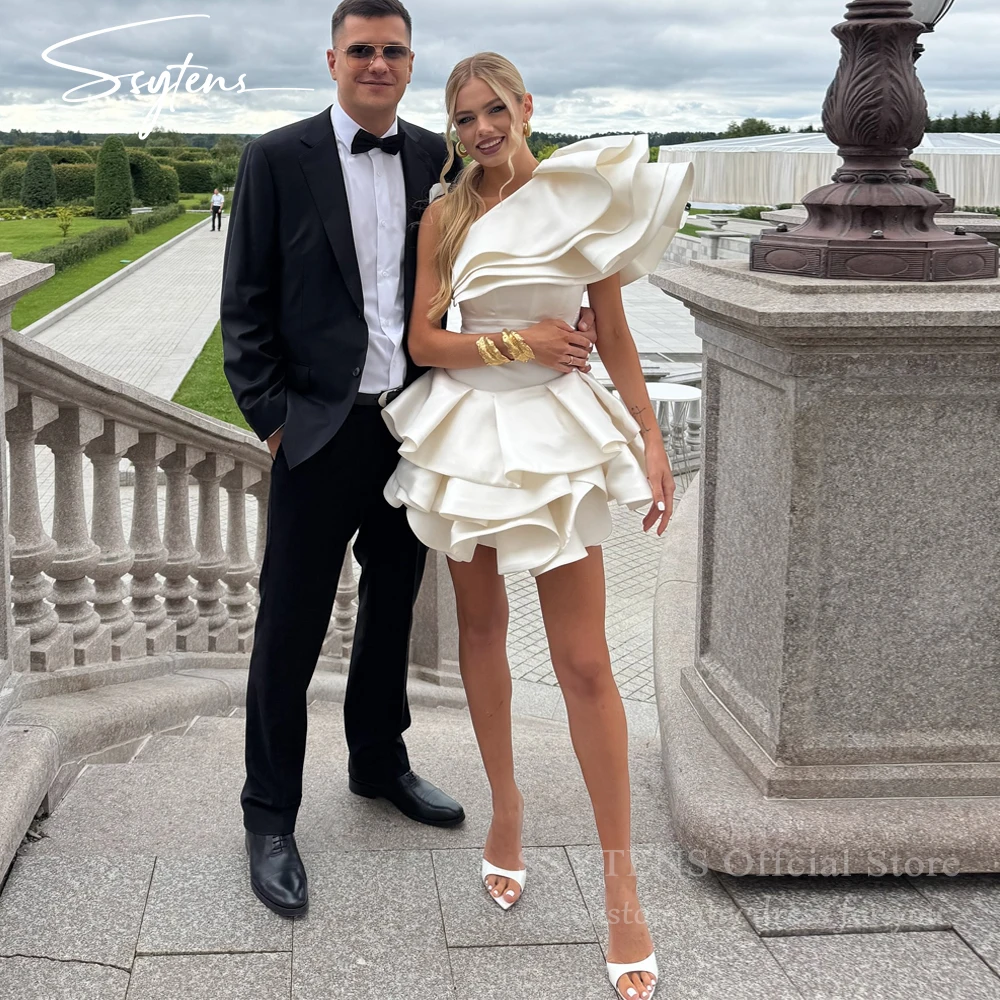 

SSYTENS Sexy Satin Wedding Dresses One Shoulder Ruffles Tiered Guest Mini Dress Bridal Party Gowns платье женское