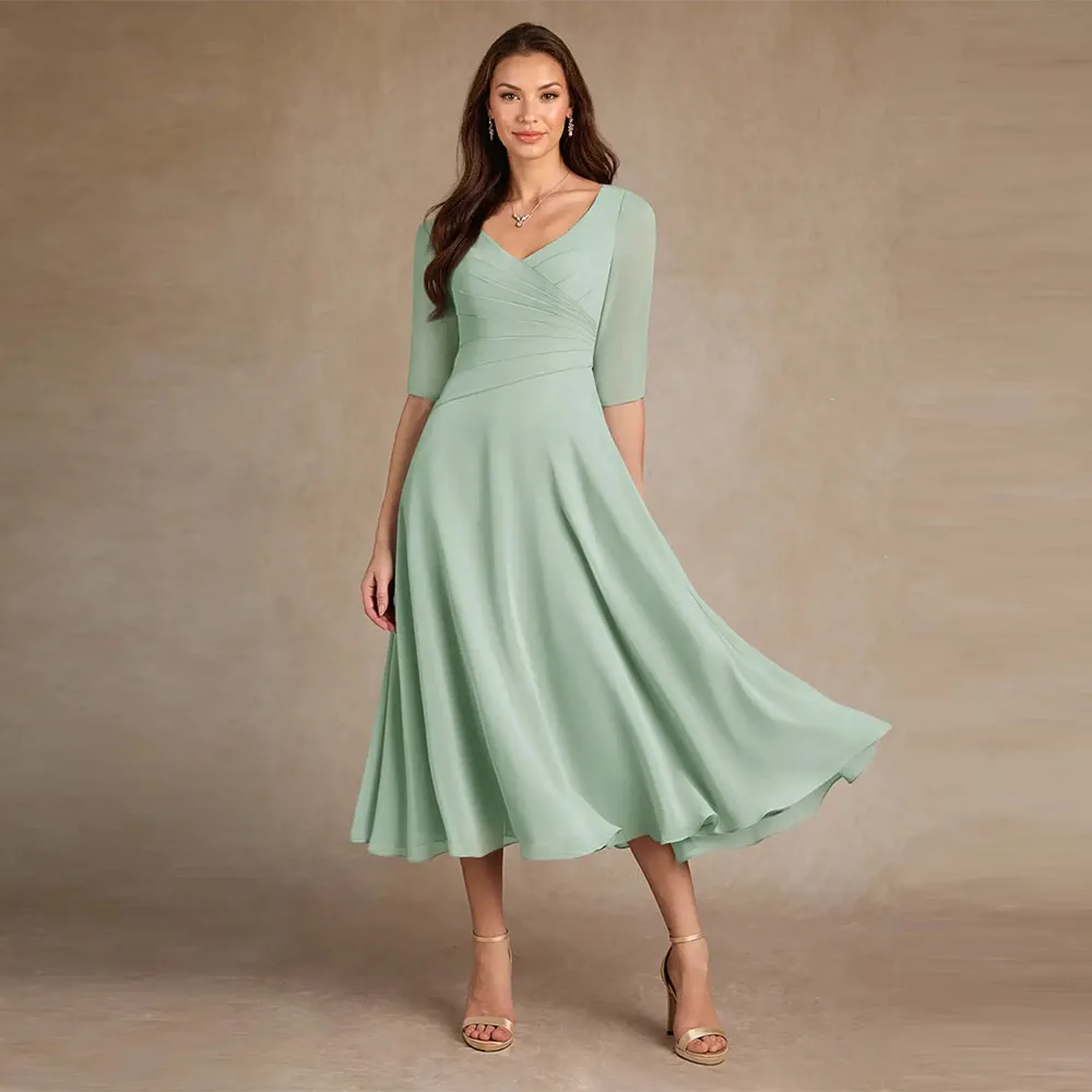 

Customized Elegant V-neck Mother of the Bride Dress With Pleated Zipper Back Chiffon Formal Evening Gown Tea Break Half Sleeves