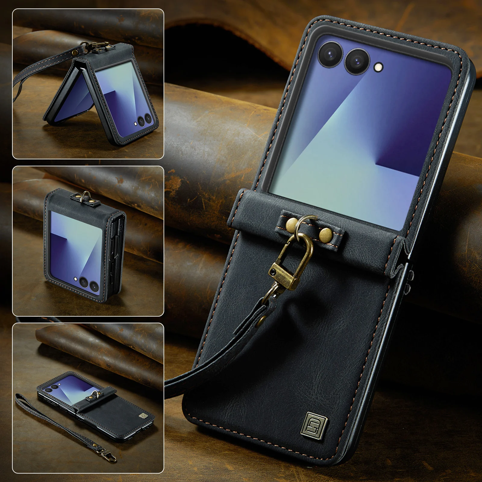 A01 Luxury Retro PU Leather Flip Wallet Case for Samsung Galaxy Z Flip 8, Detachable Hand Wrist Strap Portable Flip Phone Cover