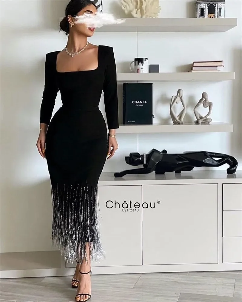 

Yipeisha Black Mermaid Prom Dresses for Saudi Arabia Women Square Neck Evening Dress with Tassels Long Sleeves Formal Party