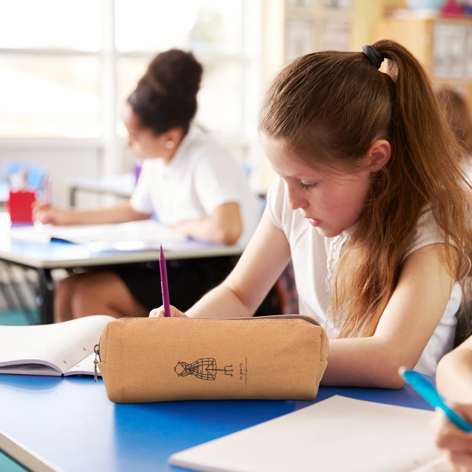 

Canvas Pencil Case Large Capacity Vintage Pattern Zipper Pouch Brown For Pens Pencils Stationery Bag Cellphone