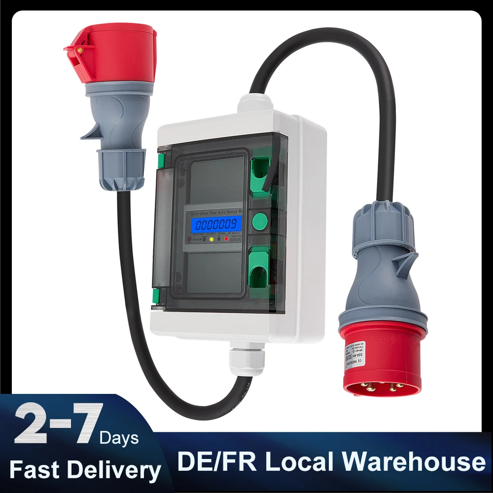 Compteur d'électricité numérique mobile triphasé 16A 400V avec fonction de réinitialisation, prise PCE/CEE, étanche IP65