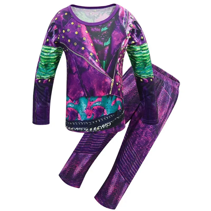 เด็กลูกหลาน 3 เครื่องแต่งกายสําหรับสาว Evie คอสเพลย์เครื่องแต่งกายเด็กแขนยาว Zentai ตลก 3D เสื้อยืด + กางเกงเสื้อผ้าชุด