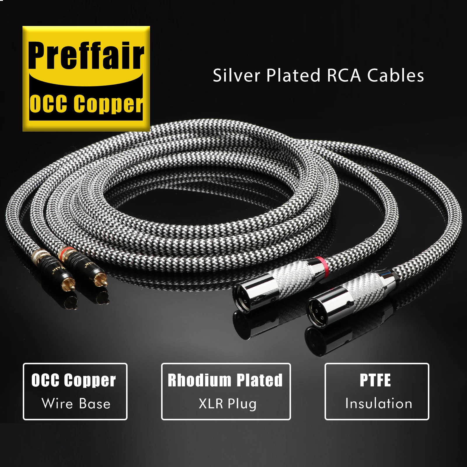 Preffair XLR to RCA Audio Cable OCC Silver Plated Pure Cotton Braid Carbon Fiber Rhodium Plated XLR Plugs for DAC DVD Amplifier