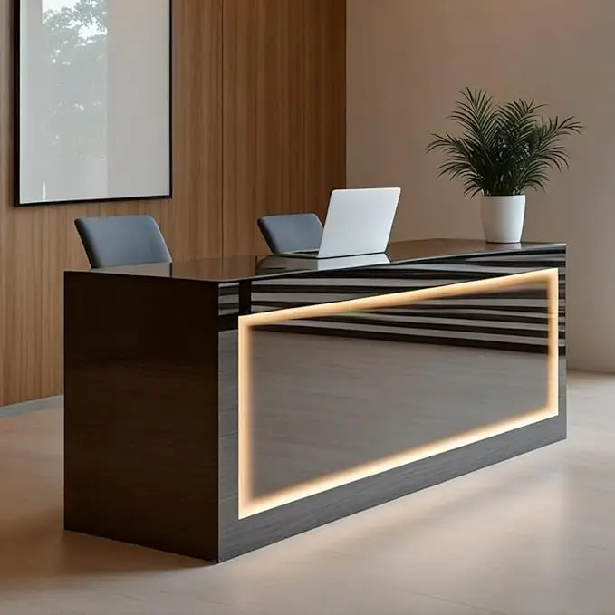 Modern Reception Desk, Solid Wood Reception Desk with Counter, Check Out Stand with Lockable Drawer & Cabinet, Retail Checkout C