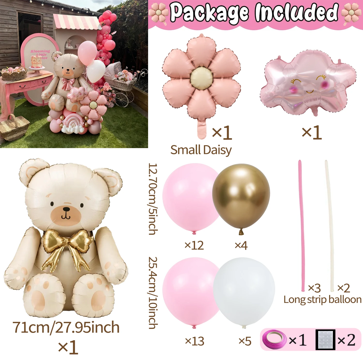 Schleife Bär Ballon Set mit rosa Gänseblümchen Ballon Wolke Aluminiumfolie Ballon für Geburtstagsfeier Dusche Vorschlag Hochzeitsdekoration – Detail 2