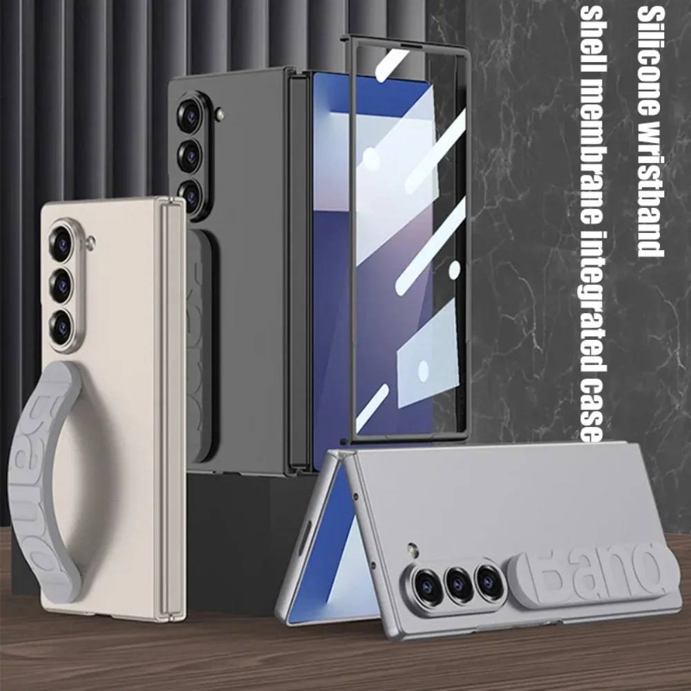 

Higth Quality Silicone Stretch Wristband Glass Film Phone Case for Samsung Galaxy Z Fold 7 6 5 4 3 Camera Protection Back Cover