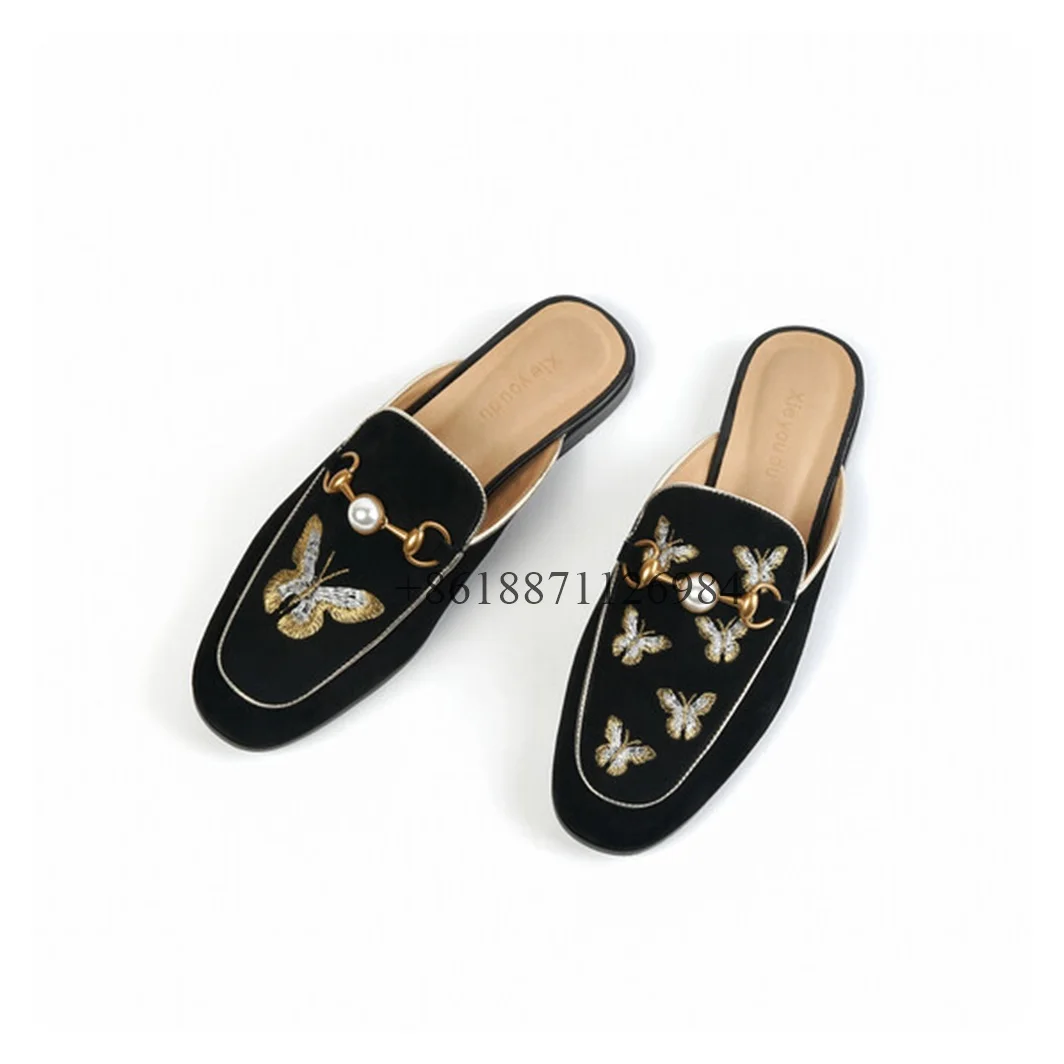 

Black Genuine Leather Embroidery Summer Women Slippers With Pearl Chunky Low Heels Slip On Design Closed Toe Mules Shoes