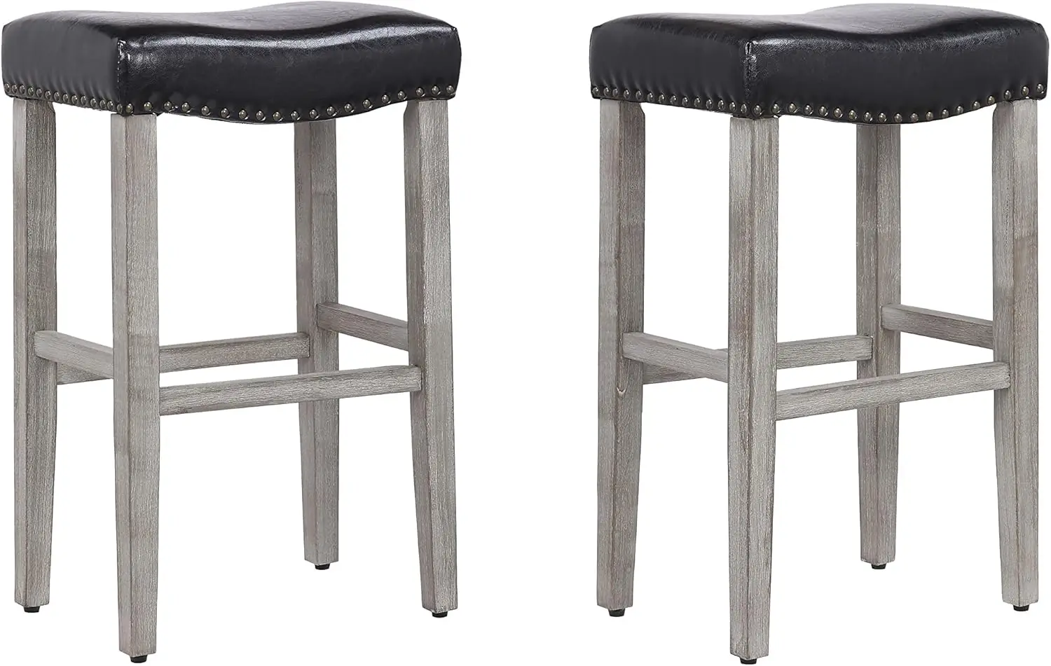 

Wo Home Furniture Bar Stool Set Of 2 Pcs 29"" Backl Seat Barstool W Antique Gray Legs (Bla Leather)