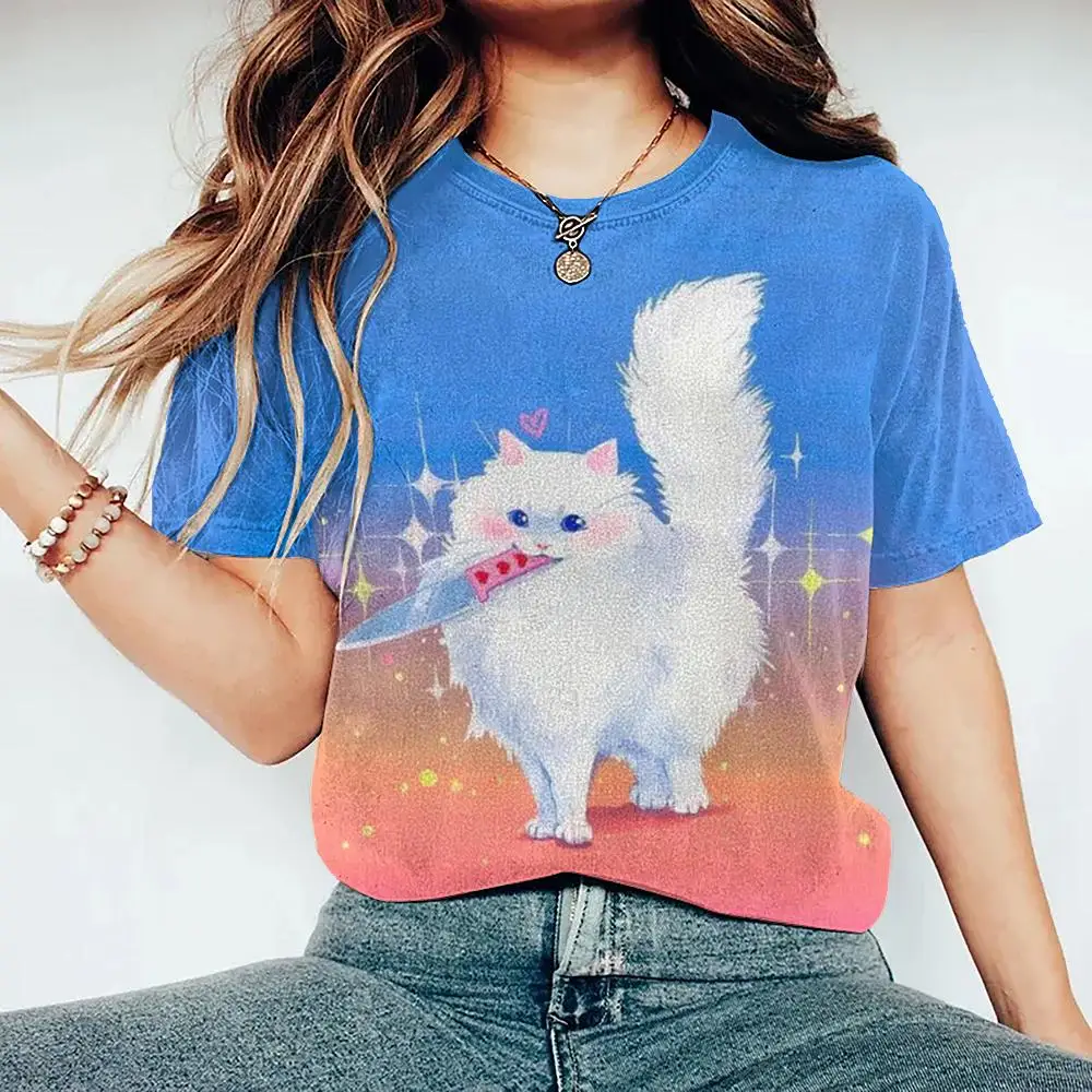 Casual Short Sleeve Tee Fashion Streetwear Cute Girl Female Oversized Clothing Women's T Shirt Cartoon Cat Pattern Print
