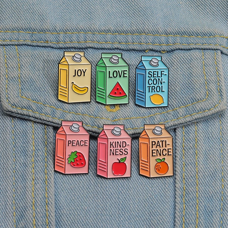 Fruit Juice Box Enamel Pins Cute Cartoon Brooch Peace Joy Love Patience Kindness Self Control Cute Lapel Backpack Badge for Gift