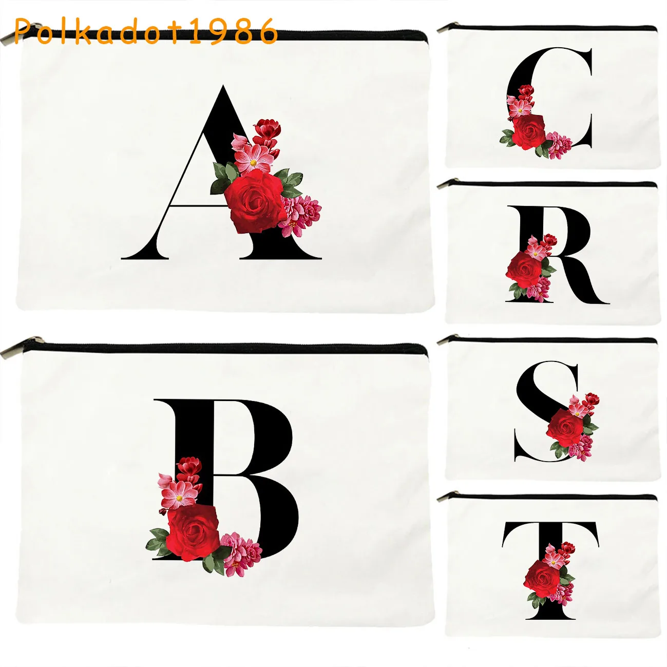 

Floral Initial Letter Black A to Z English Alphabet Flower Gifts Canvas Cosmetic Bags Makeup Toilet Bag Pencil Case Zipper Pouch