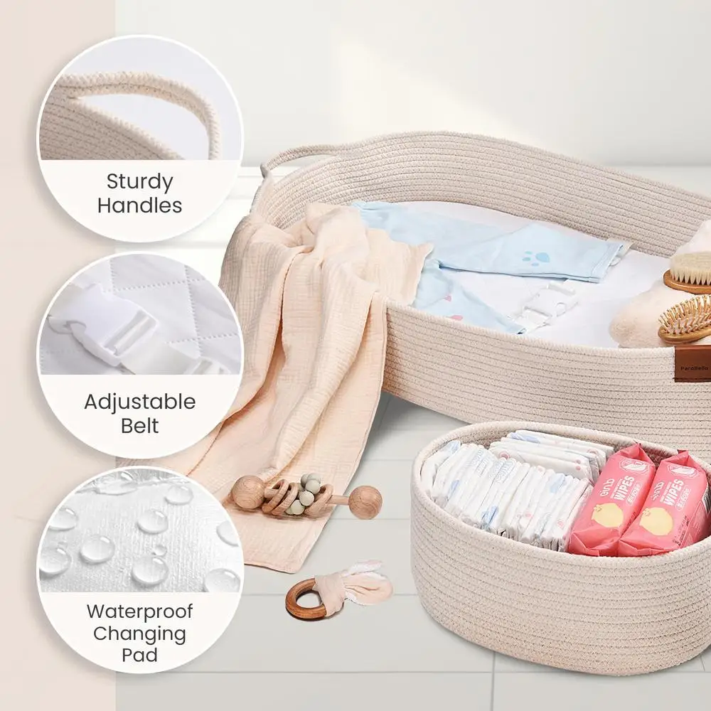Baby Changing Basket Dresser Top Unisex Moses Babies Cotton Rope Foam Diaper Pad Waterproof Security Belt Lightweight Durable