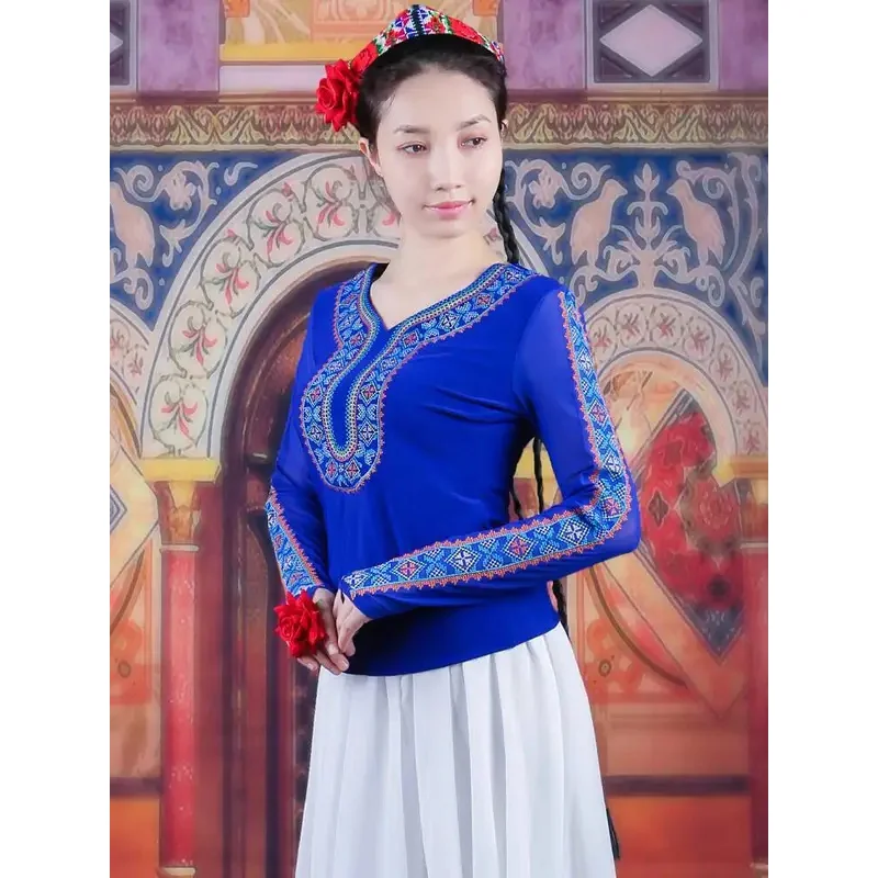 شينجيانغ أعلى العرقية المميزة المطرزة نمط الإناث الأويغور الفن امتحان ممارسة ارتداء قميص زي ساحة الرقص