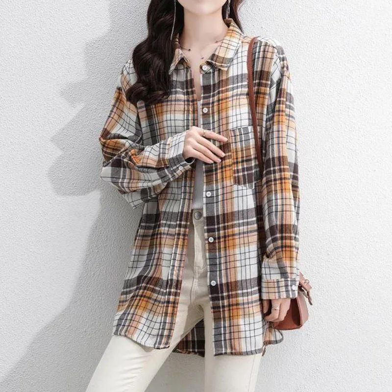 Spring Autumn Fashion New Long Sleeve Loose Plaid Blouse Women\'s Clothing Pockets Casual Single-breasted Turn-down Collar Shirt