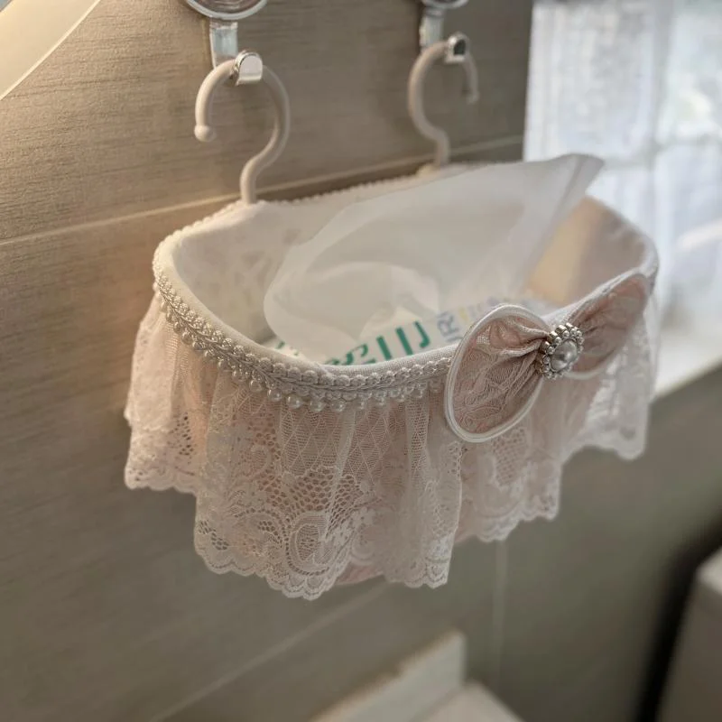 

Linen Bathroom Fabric Lace Hanging Basket - Cosmetic Storage & Bedside Wall Organizer, Small Woven Tote